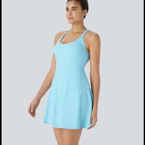 Womens Halara Flare Mini Dance Active Dress Light Blue Tennis Golf Twist Back L